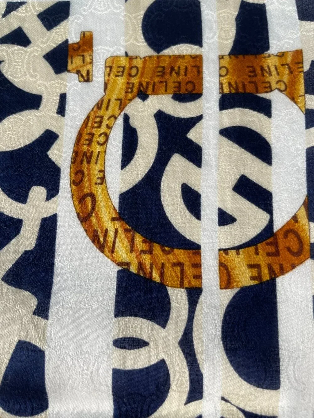Celine Vintage Cotton Scarf Navy Ivory Gold Logo Stripe Print 22” - Picture 7 of 13